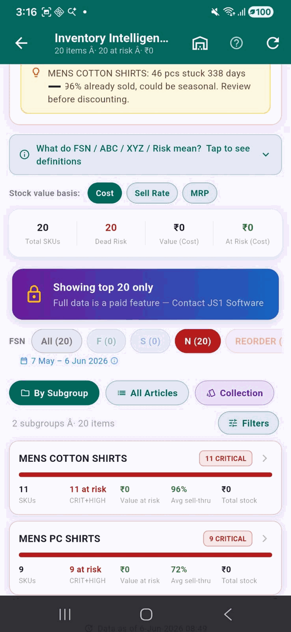 Inventory Health — dead stock, running low, and size gap analysis