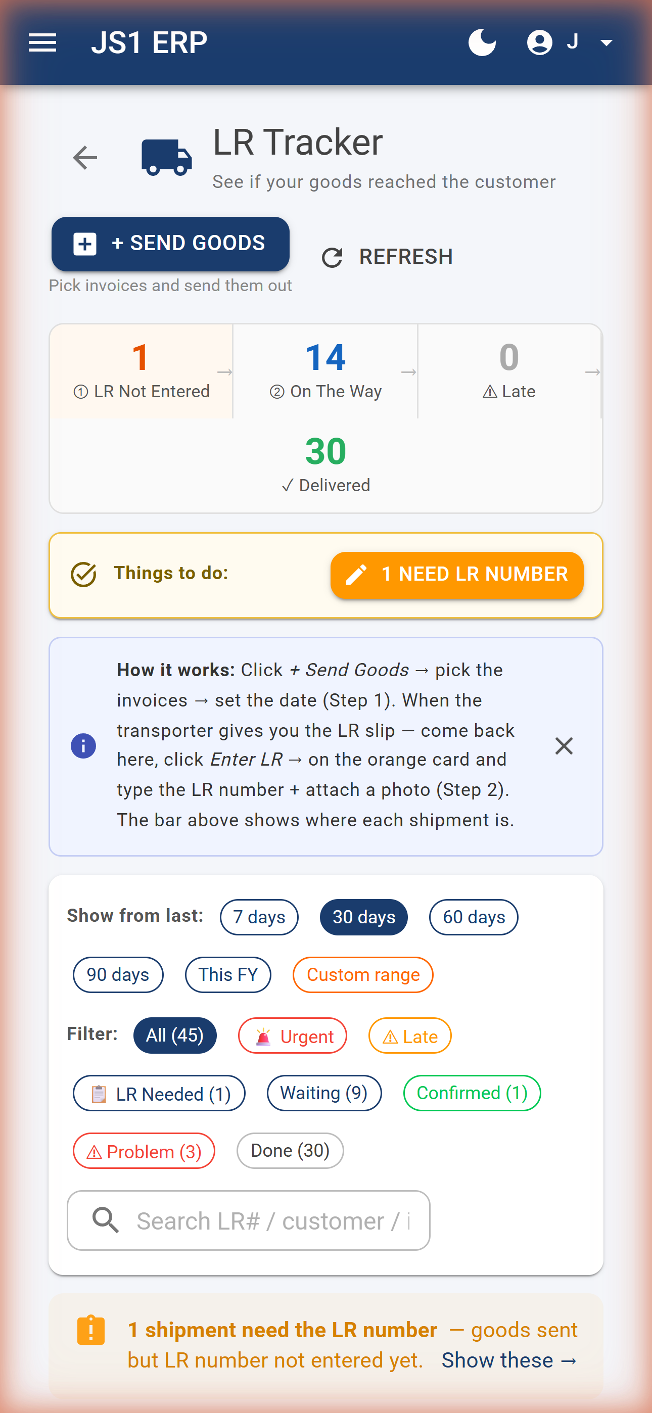 LR Tracker dashboard showing shipment status